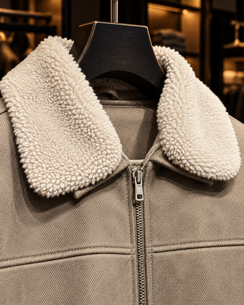 Men’s Stone Taupe Sherpa Collar Suede-Look Jacket