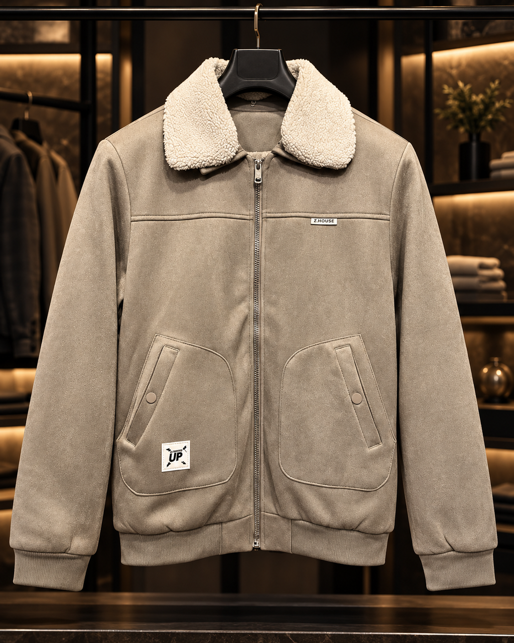 Men’s Stone Taupe Sherpa Collar Suede-Look Jacket