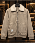 Men’s Stone Taupe Sherpa Collar Suede-Look Jacket