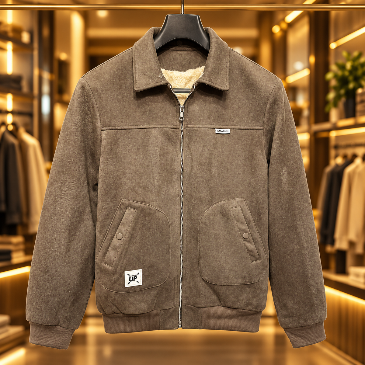 Men’s Mocha Brown Suede-Look Zip Jacket