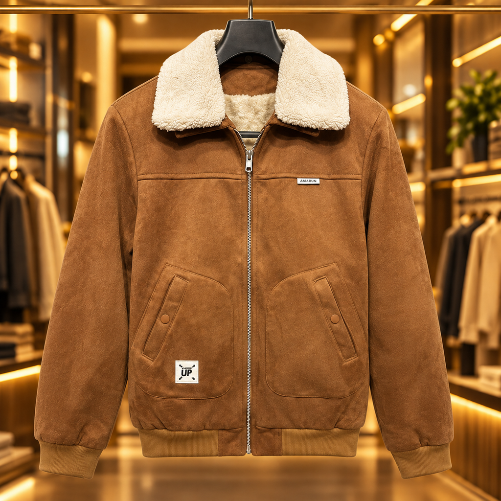 Men’s Cognac Brown Sherpa Collar Suede-Look Jacket