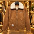 Men’s Cognac Brown Sherpa Collar Suede-Look Jacket