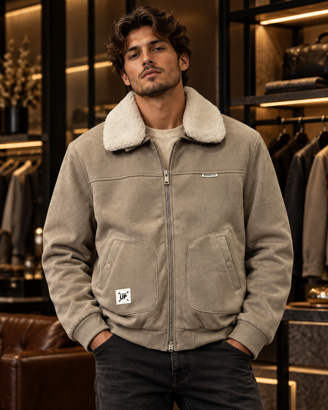 Men’s Stone Taupe Sherpa Collar Suede-Look Jacket