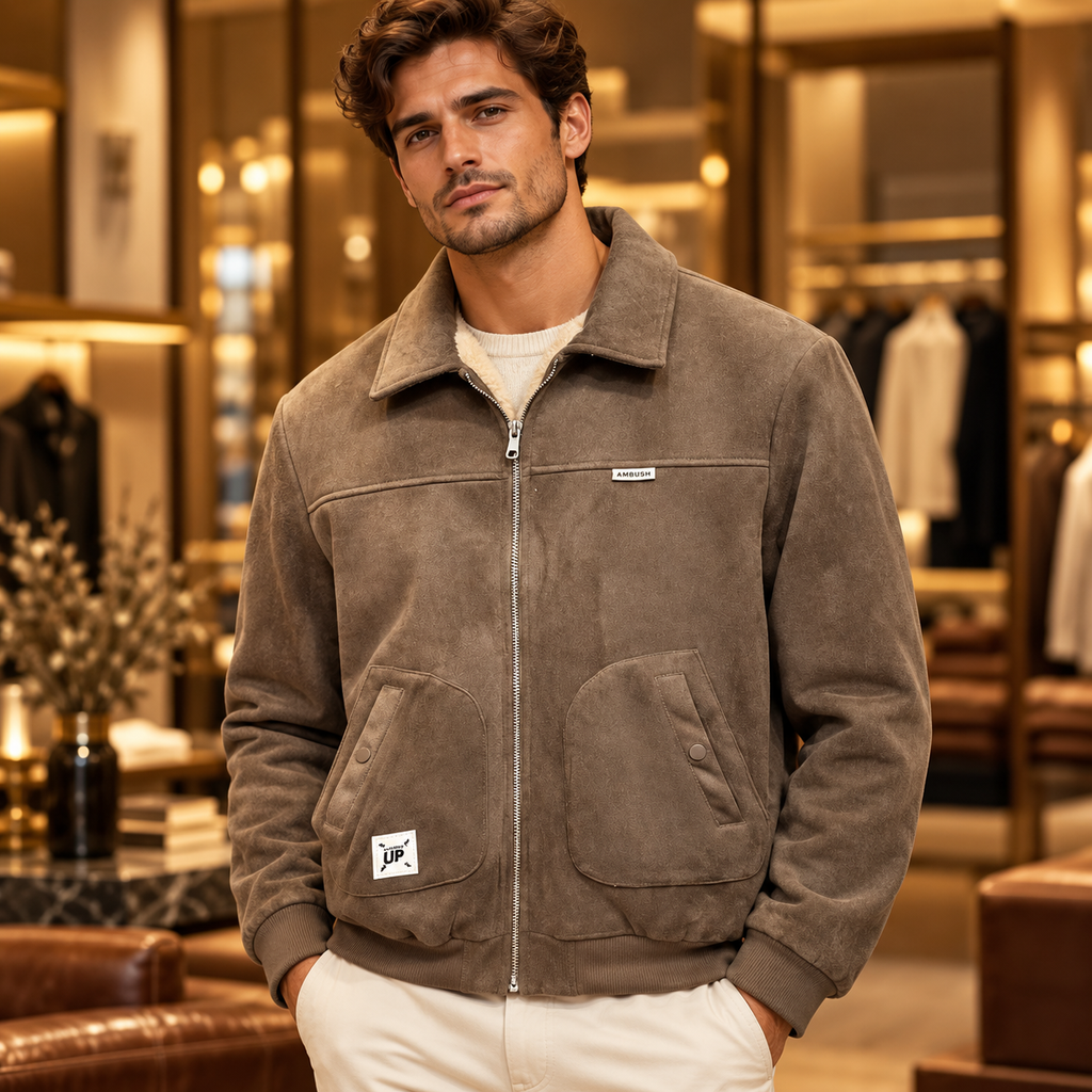 Men’s Mocha Brown Suede-Look Zip Jacket