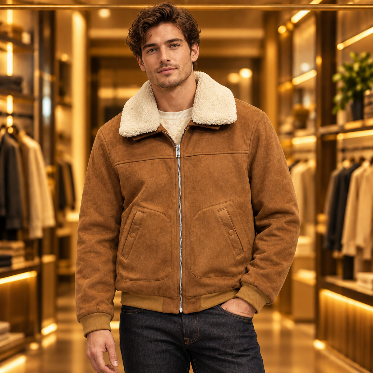 Men’s Cognac Brown Sherpa Collar Suede-Look Jacket
