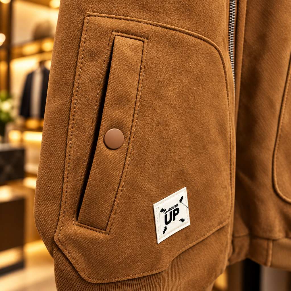 Men’s Cognac Brown Sherpa Collar Suede-Look Jacket
