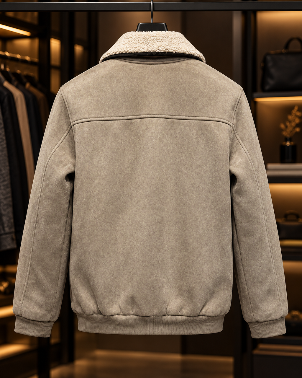 Men’s Stone Taupe Sherpa Collar Suede-Look Jacket