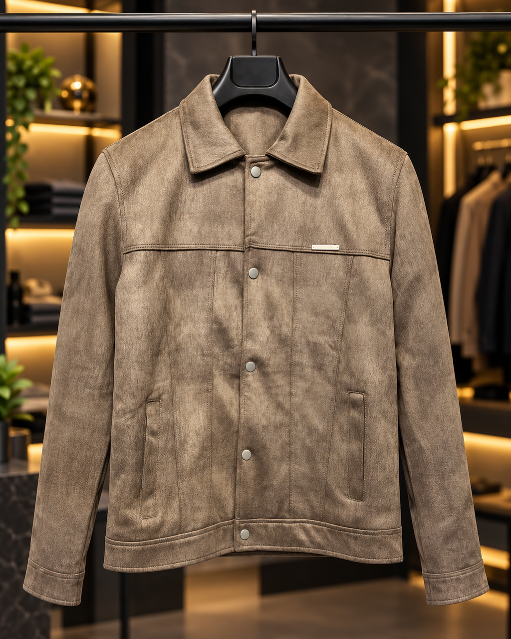 Men’s Taupe Brown Textured Snap-Button Jacket