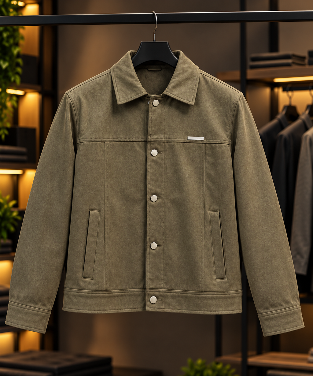 Men’s Olive Green Textured Snap-Button Trucker Jacket
