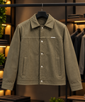 Men’s Olive Green Textured Snap-Button Trucker Jacket