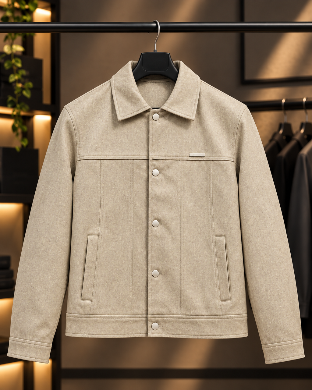 Men’s Textured Beige Snap-Button Jacket
