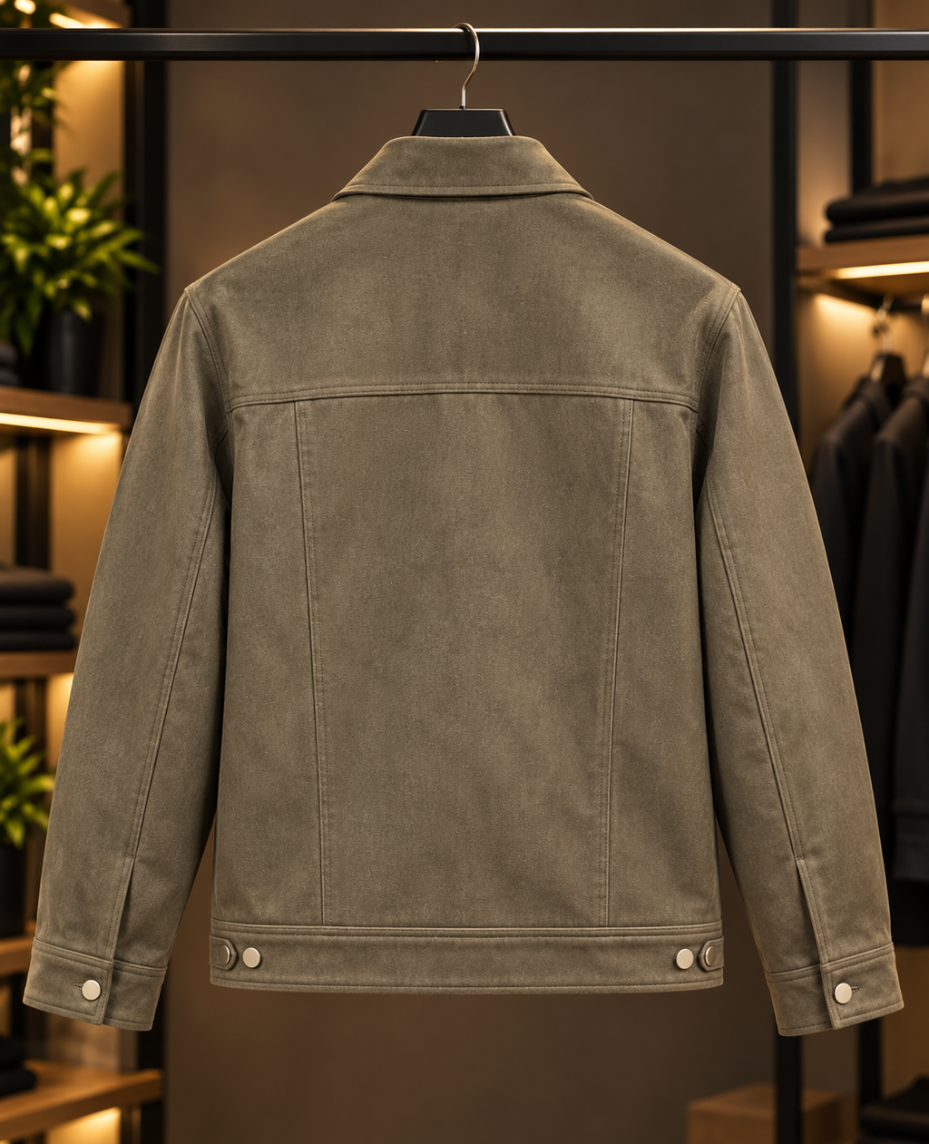 Men’s Olive Green Textured Snap-Button Trucker Jacket