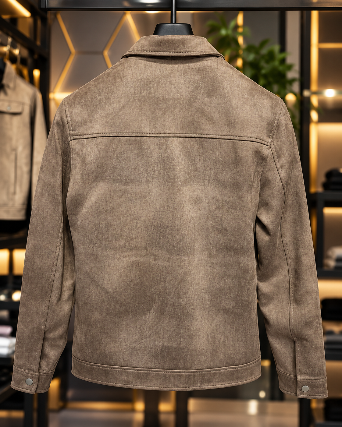 Men’s Taupe Brown Textured Snap-Button Jacket
