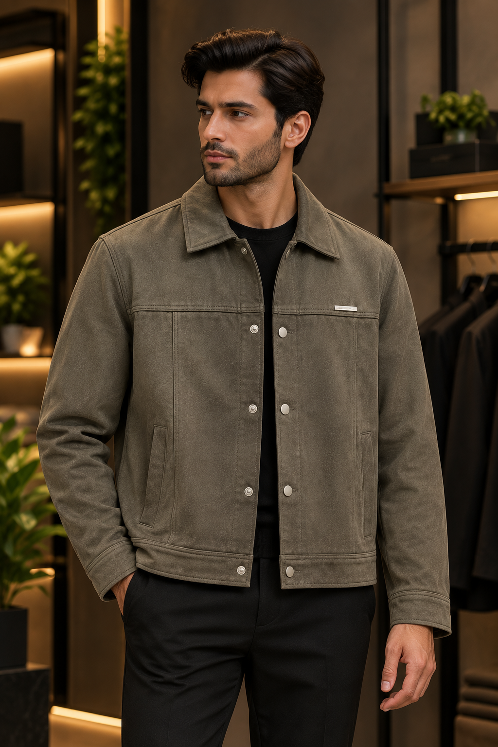 Men’s Olive Green Textured Snap-Button Trucker Jacket