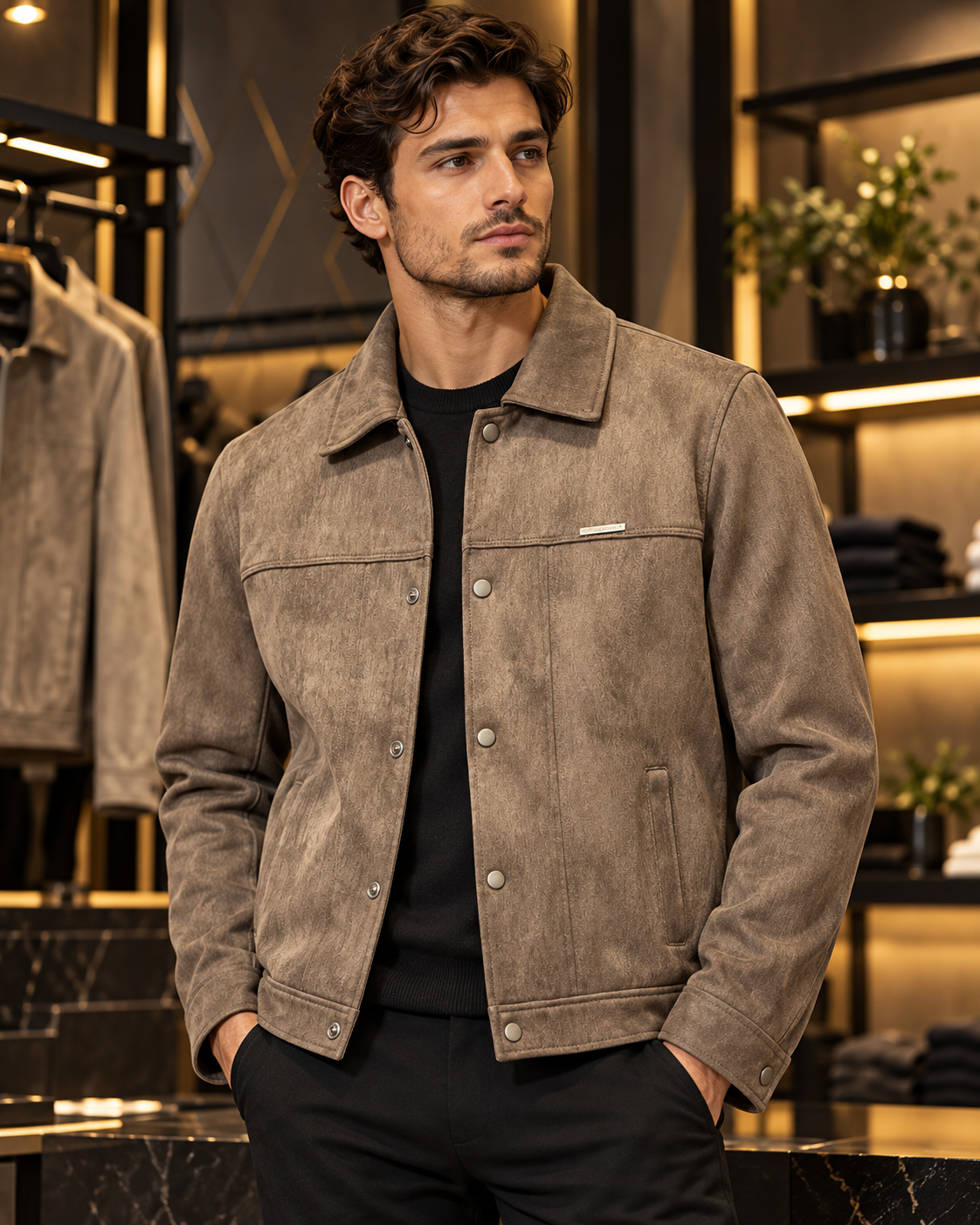 Men’s Taupe Brown Textured Snap-Button Jacket