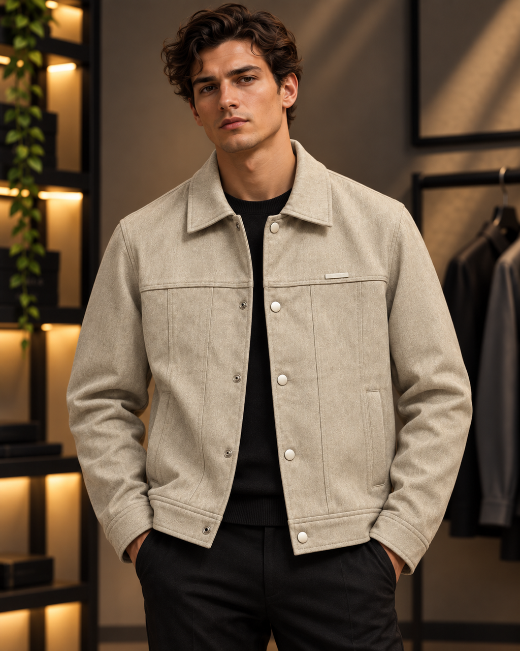 Men’s Textured Beige Snap-Button Jacket