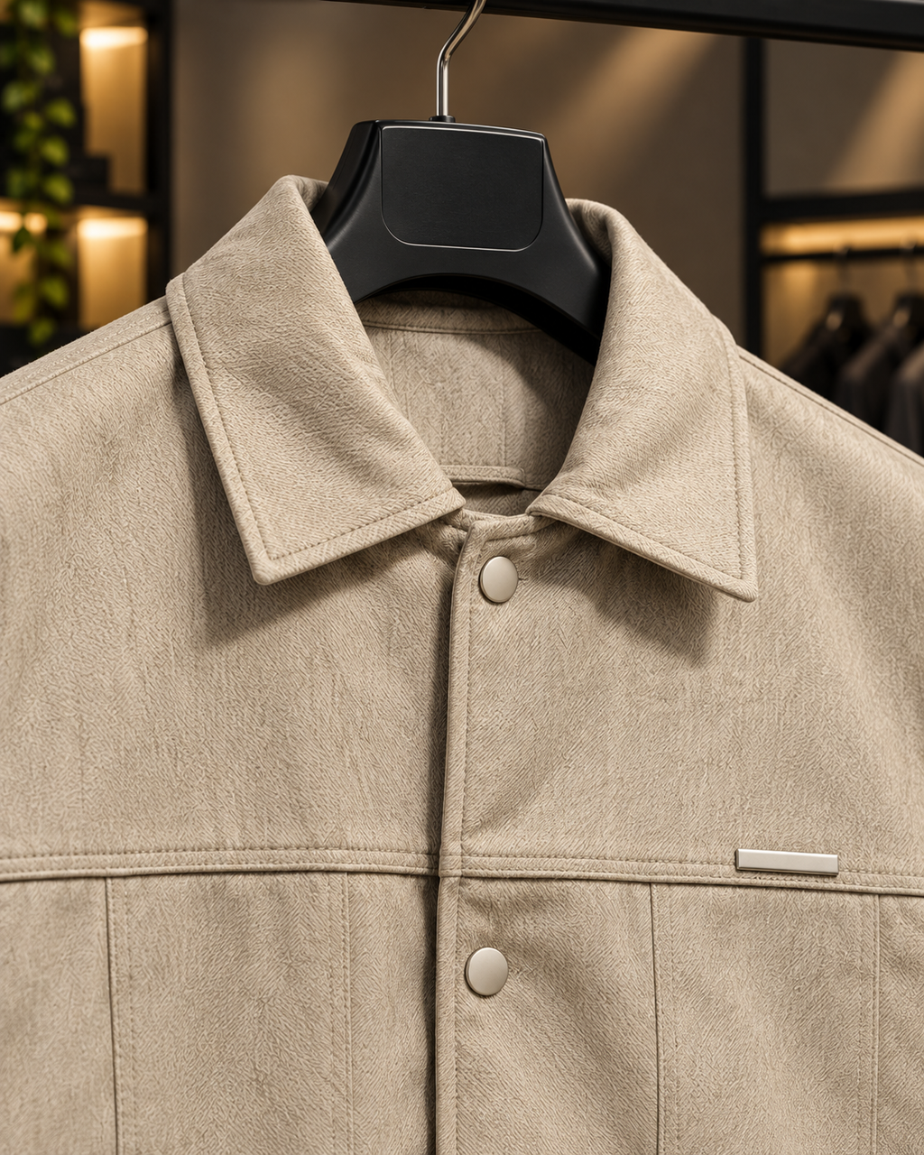 Men’s Textured Beige Snap-Button Jacket
