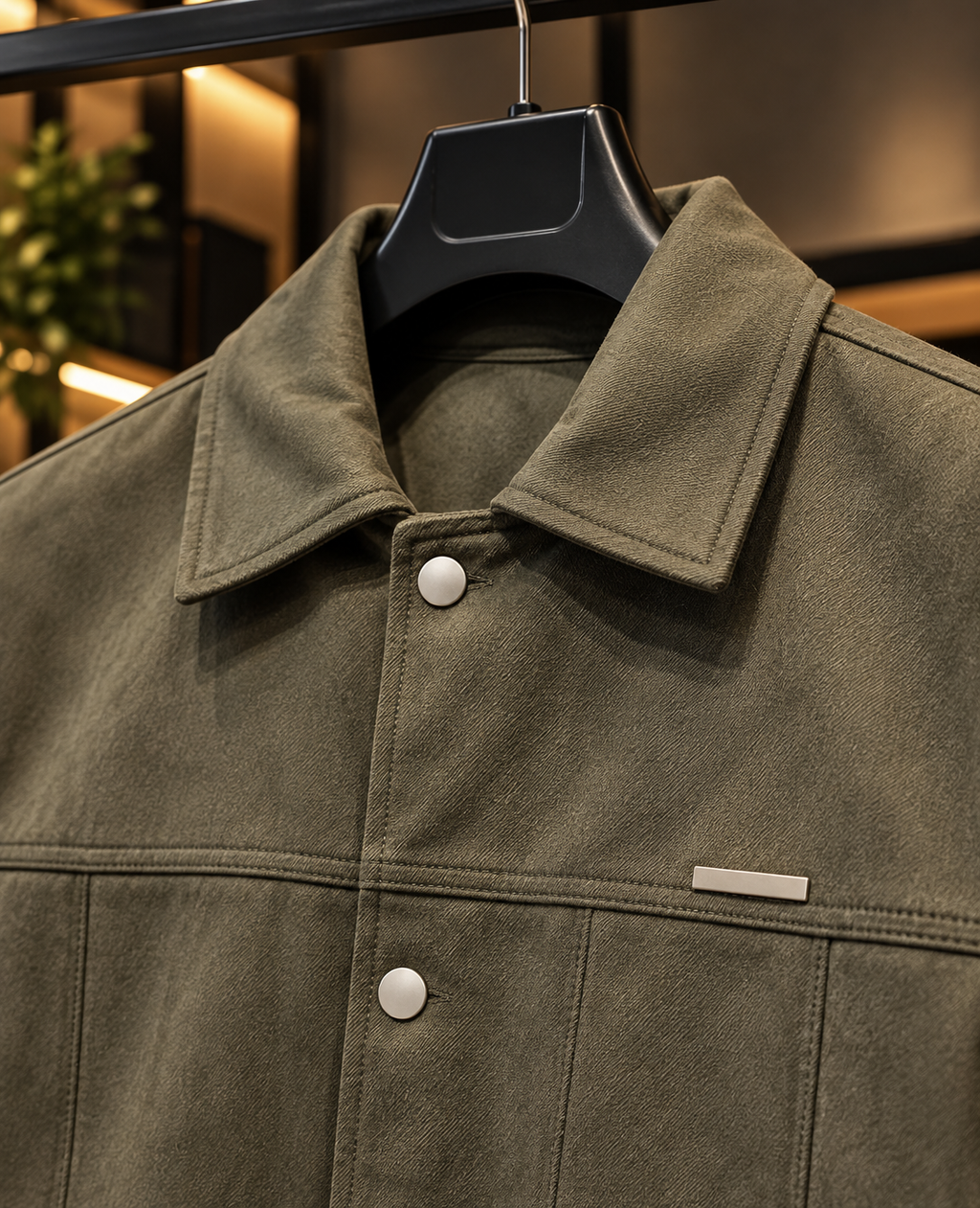 Men’s Olive Green Textured Snap-Button Trucker Jacket
