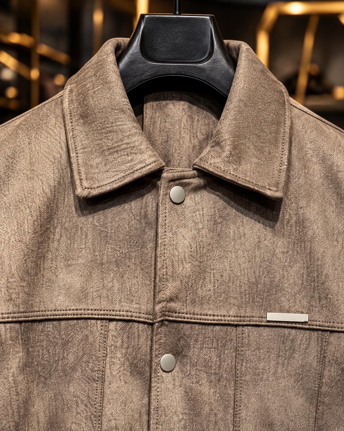 Men’s Taupe Brown Textured Snap-Button Jacket