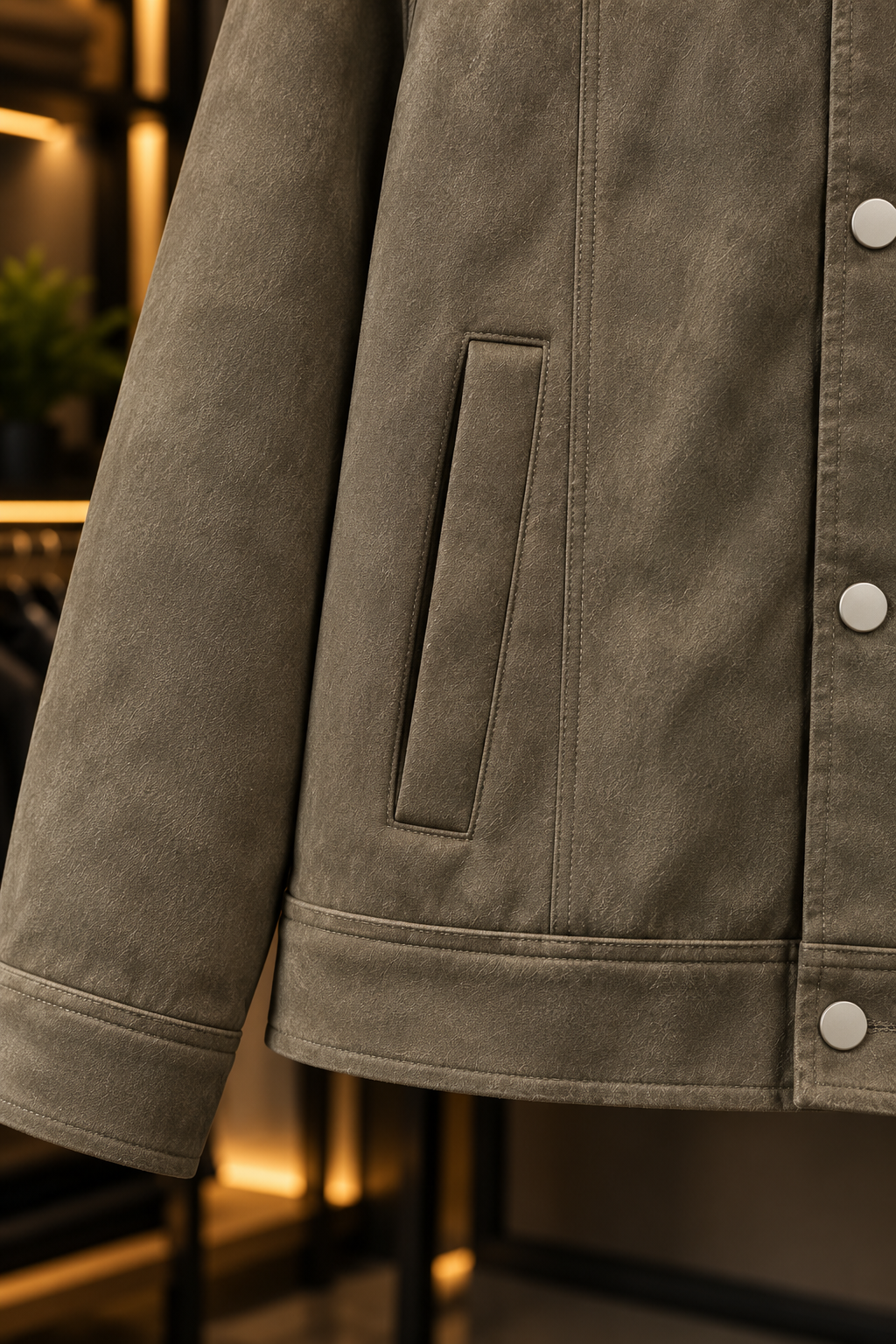 Men’s Olive Green Textured Snap-Button Trucker Jacket