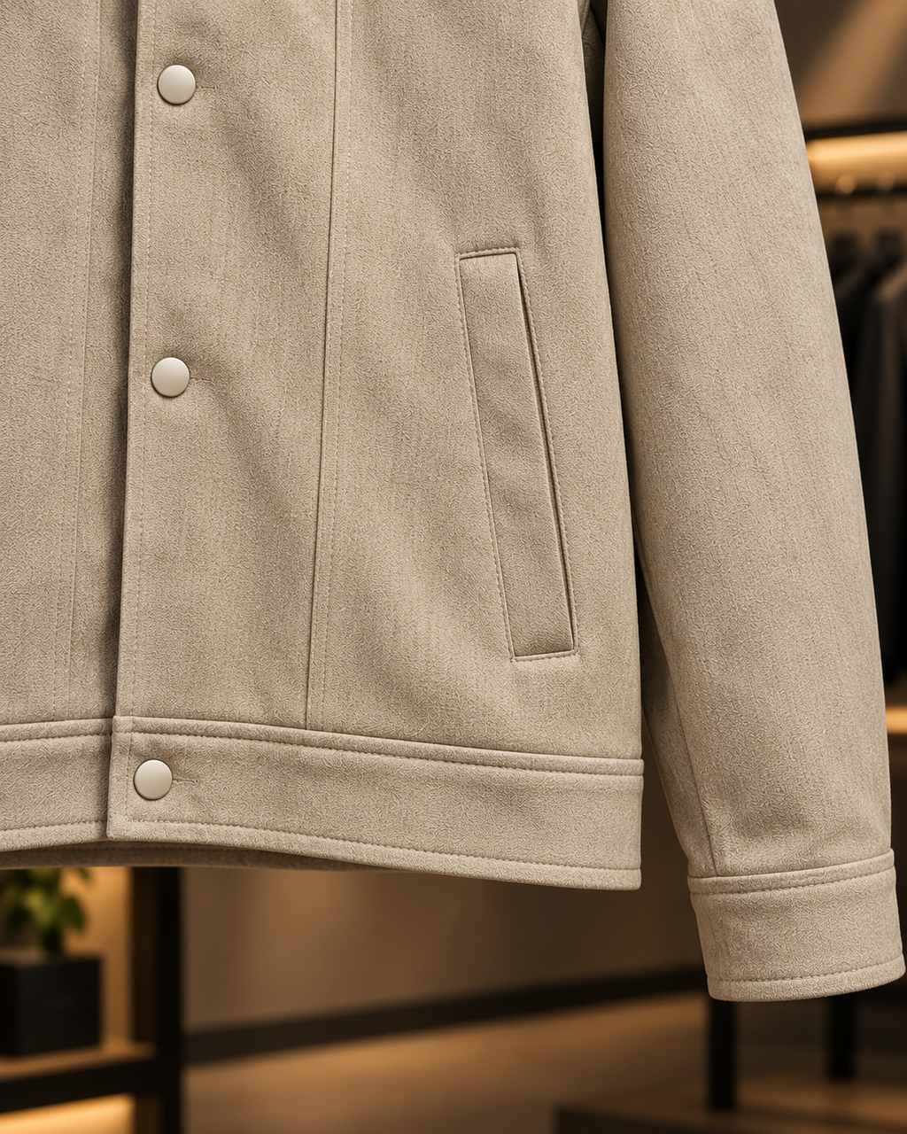 Men’s Textured Beige Snap-Button Jacket