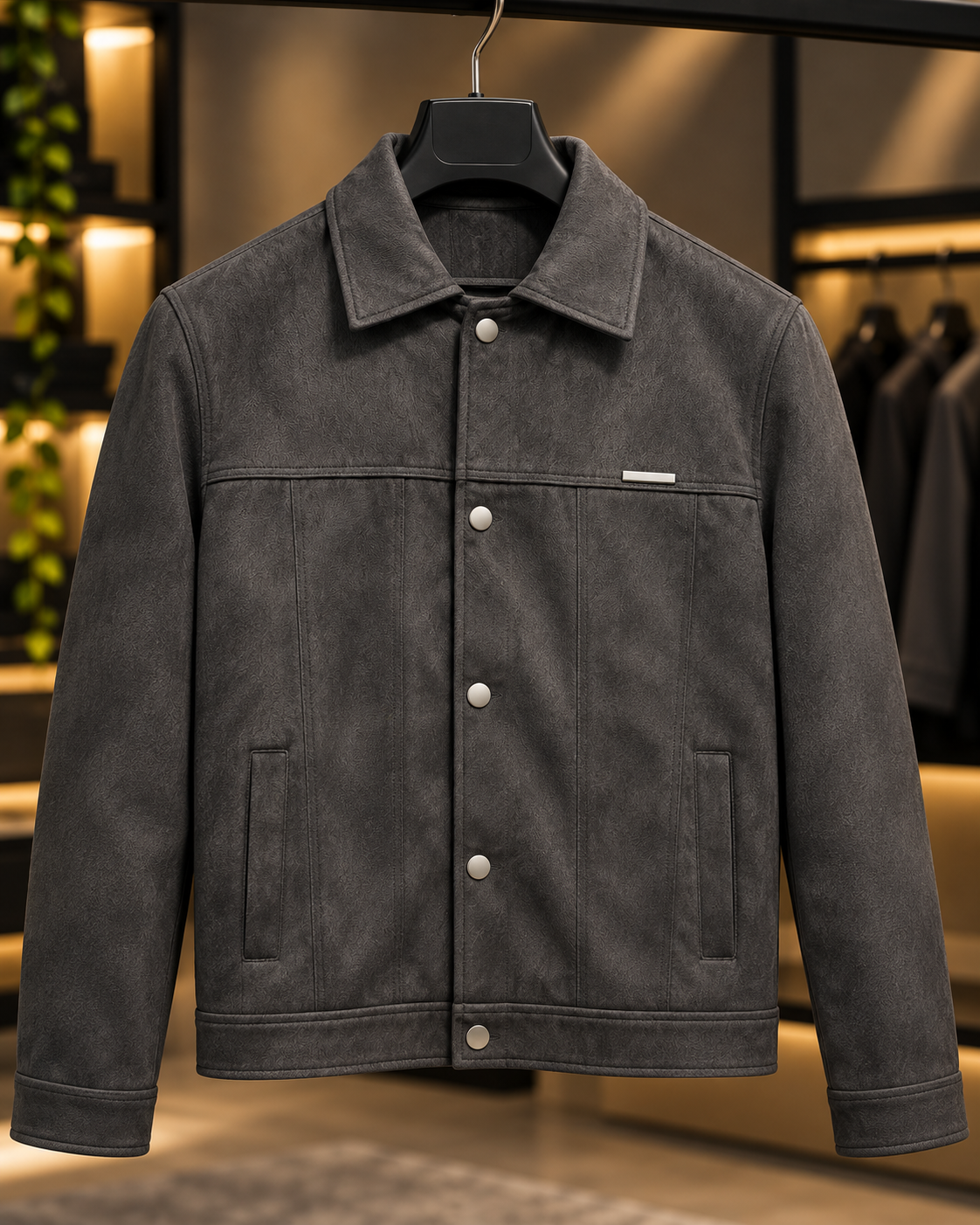 Charcoal Grey Suede-Style Snap Jacket