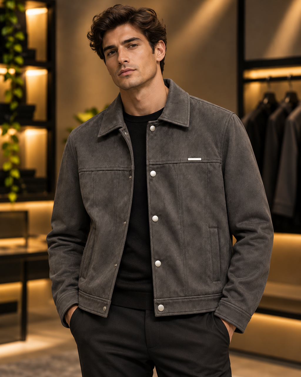 Charcoal Grey Suede-Style Snap Jacket