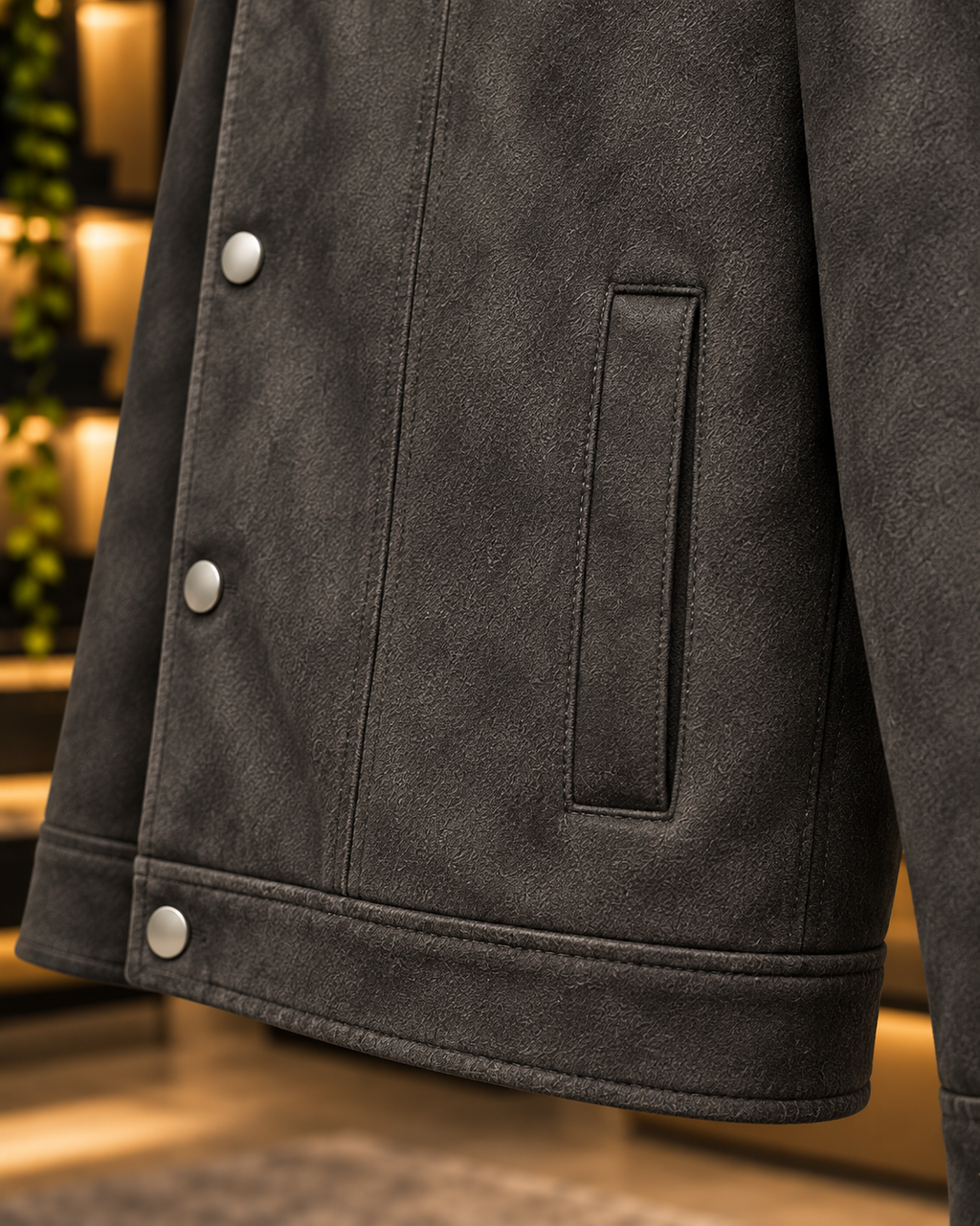 Charcoal Grey Suede-Style Snap Jacket