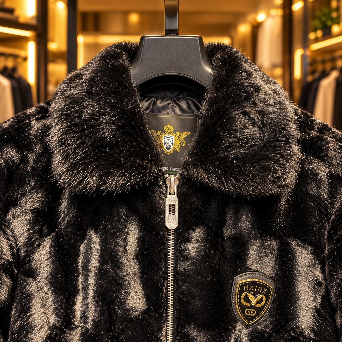Men’s Black Plush Faux-Fur Zip Jacket