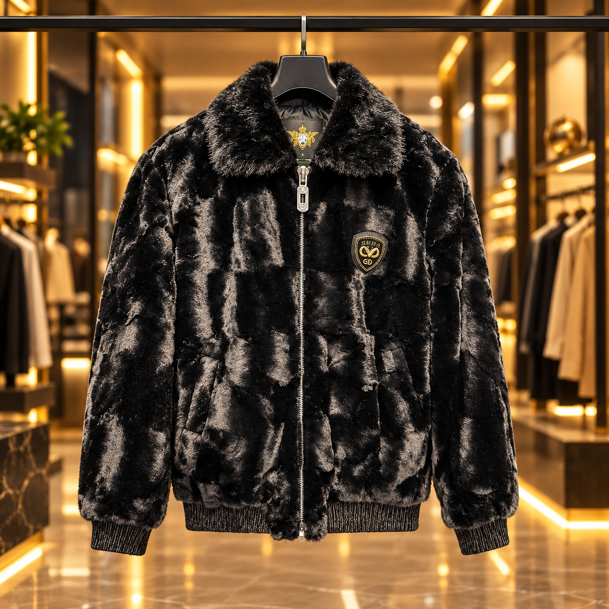 Men’s Black Plush Faux-Fur Zip Jacket