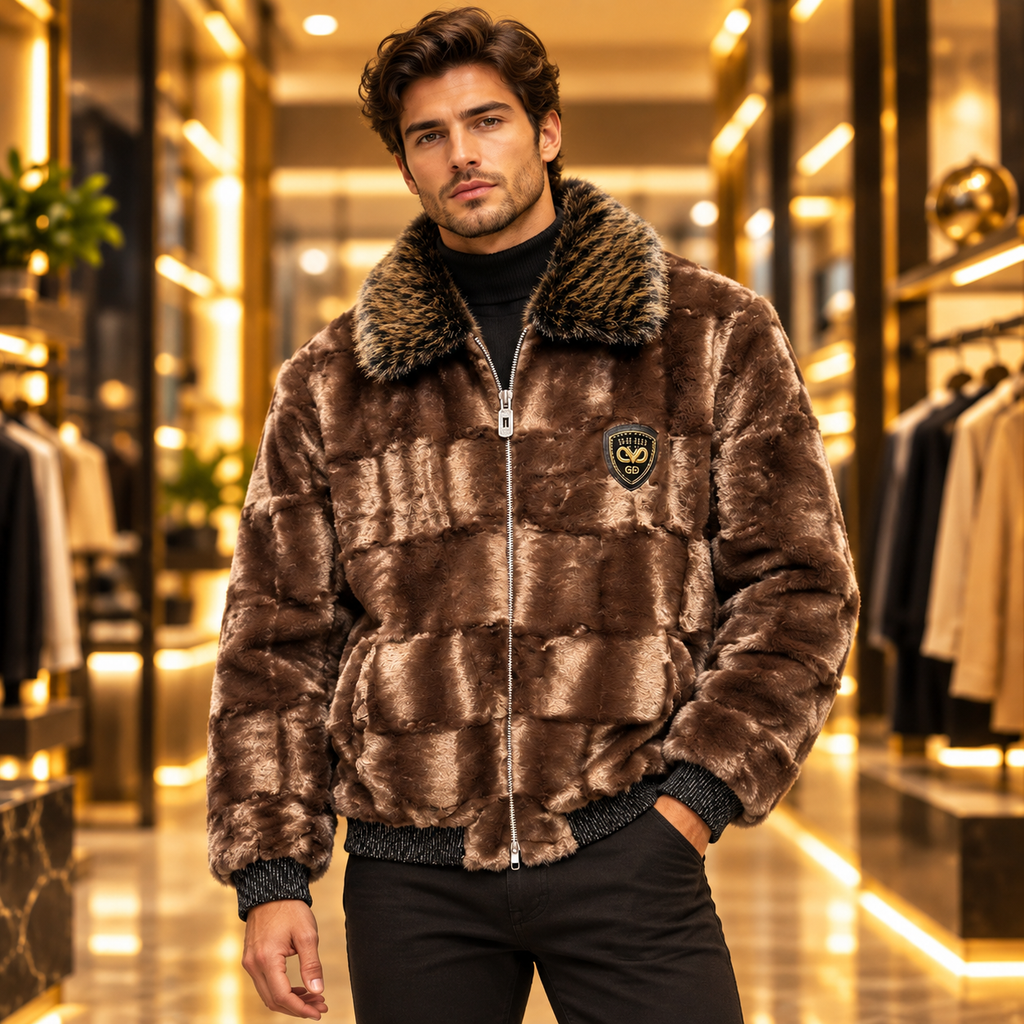 Men’s Chocolate Brown Plush Faux-Fur Zip Jacket