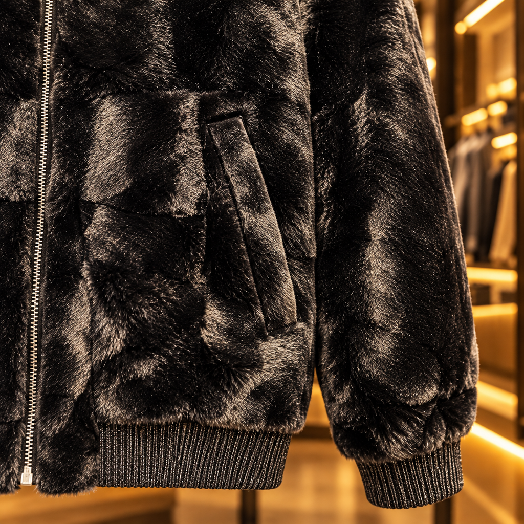 Men’s Black Plush Faux-Fur Zip Jacket
