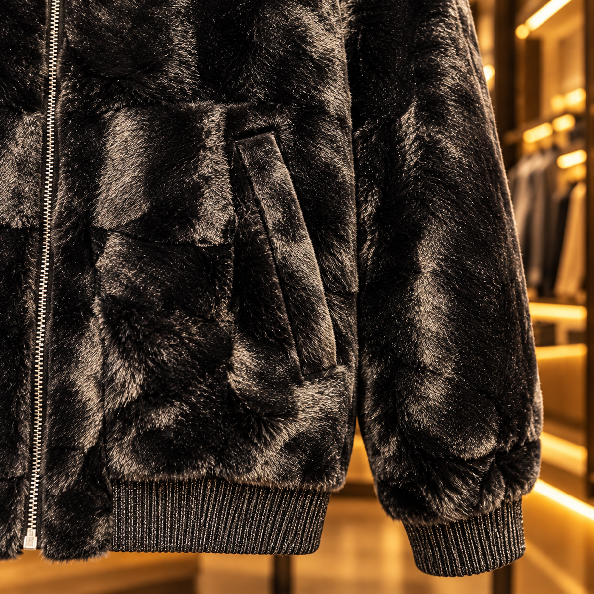 Men’s Black Plush Faux-Fur Zip Jacket