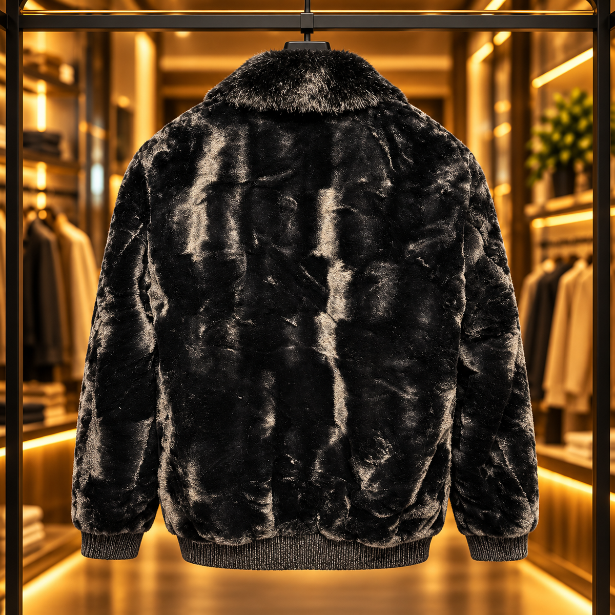 Men’s Black Plush Faux-Fur Zip Jacket