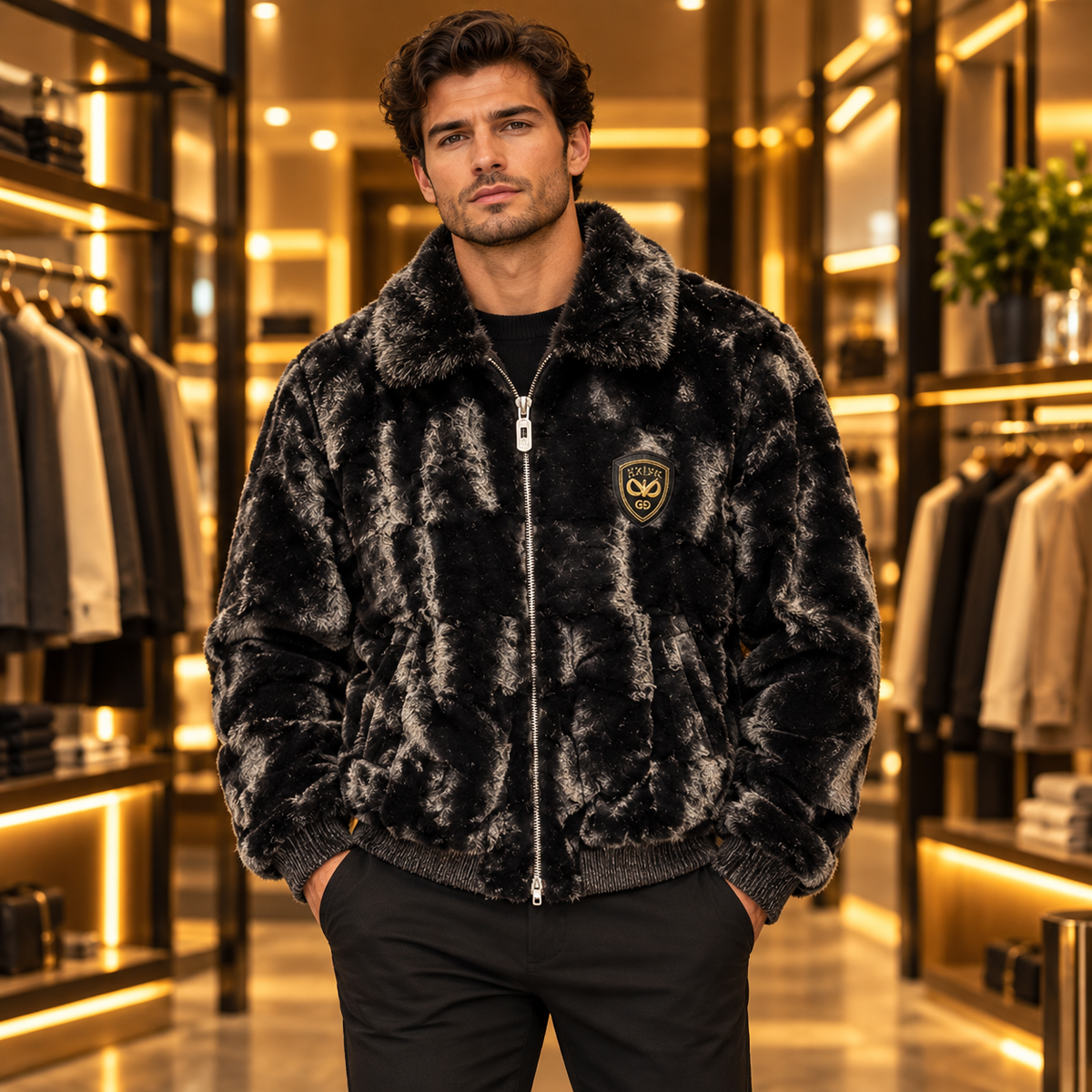 Men’s Black Plush Faux-Fur Zip Jacket