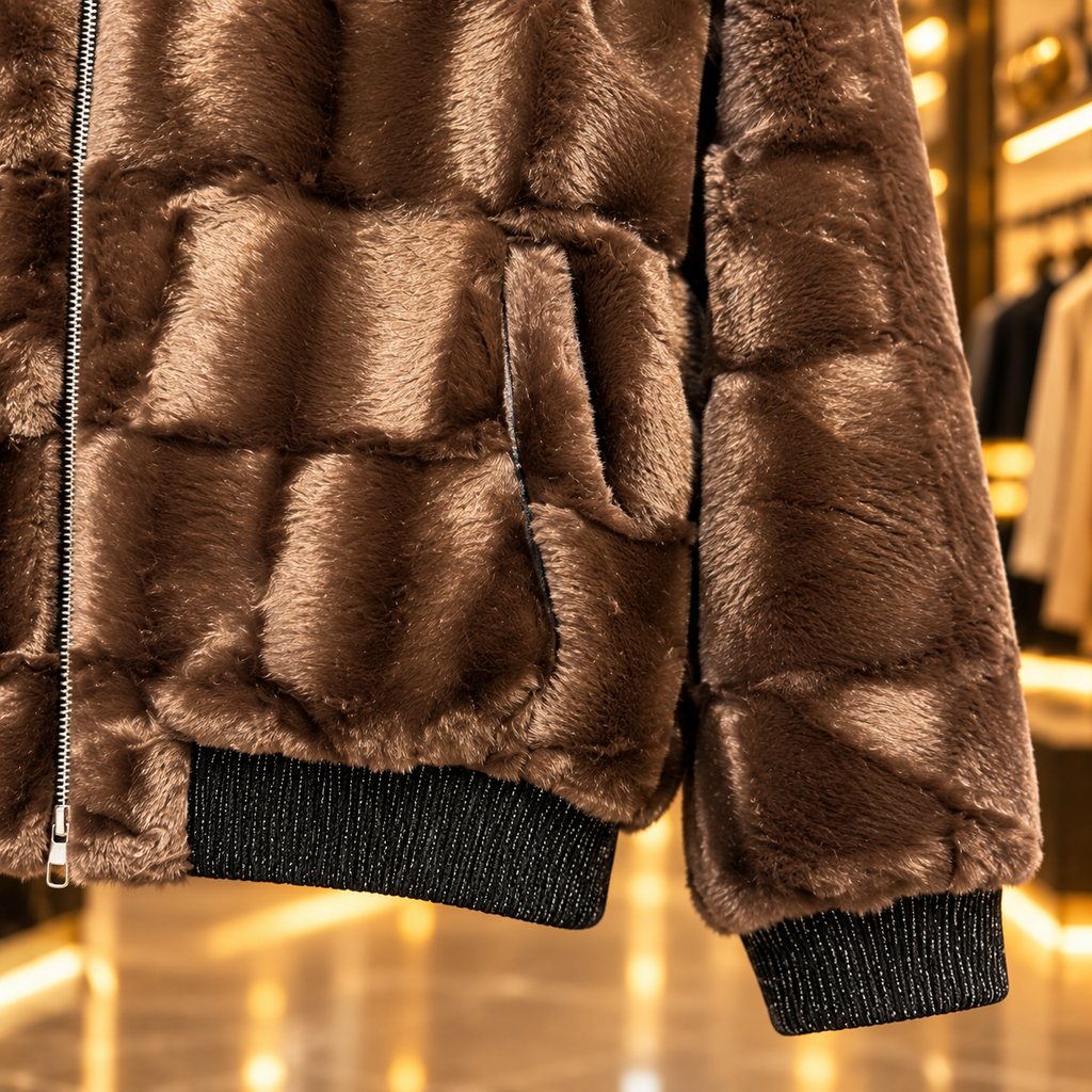 Men’s Chocolate Brown Plush Faux-Fur Zip Jacket
