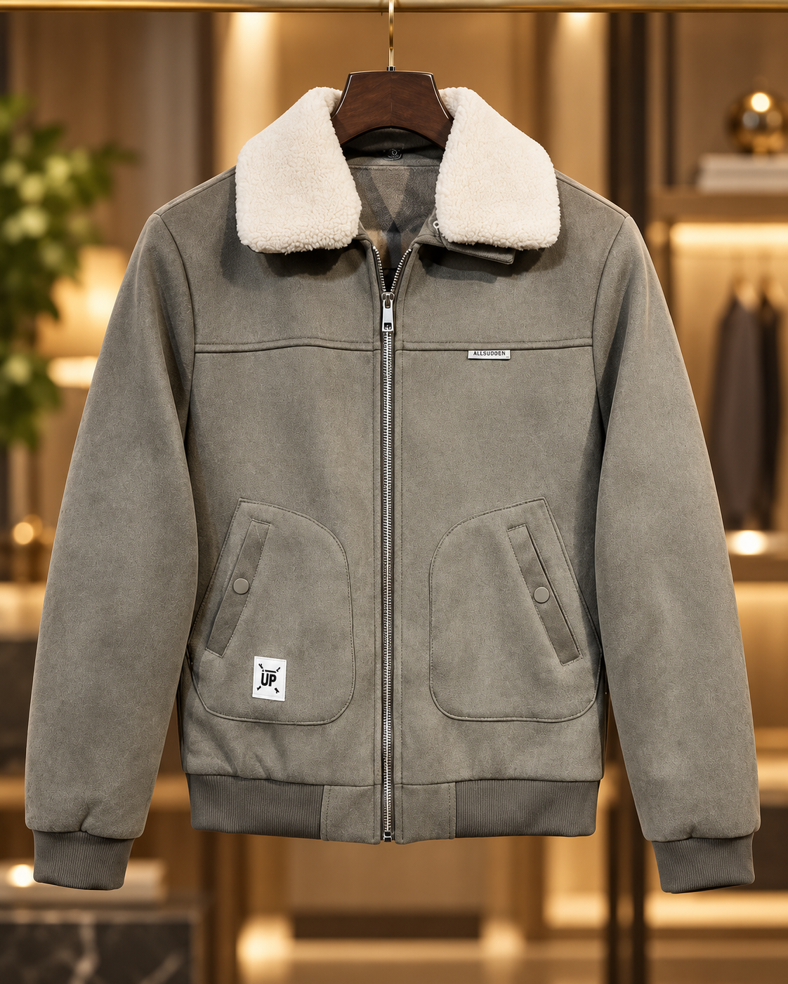 Men’s Muted Olive Green Sherpa Collar Suede-Look Jacket