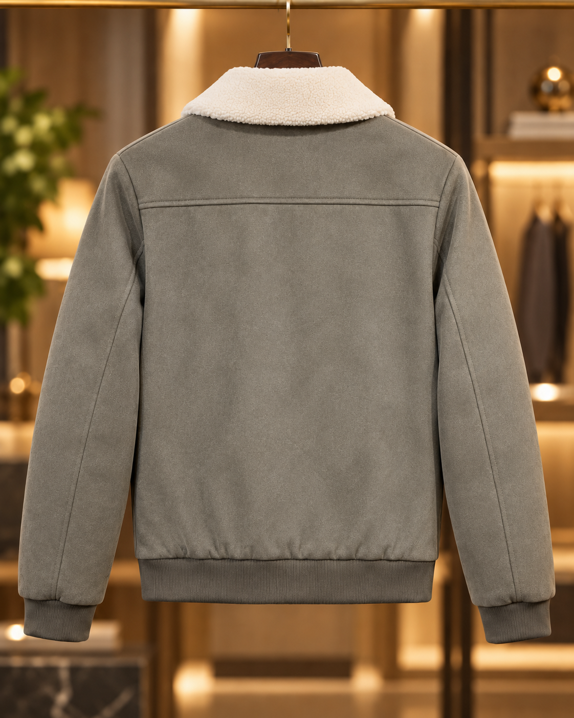 Men’s Muted Olive Green Sherpa Collar Suede-Look Jacket