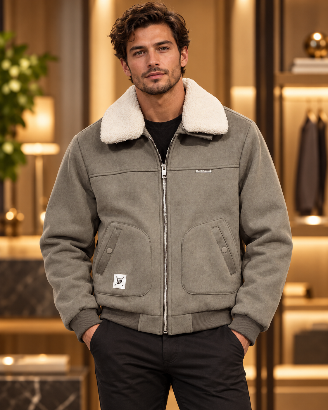Men’s Muted Olive Green Sherpa Collar Suede-Look Jacket