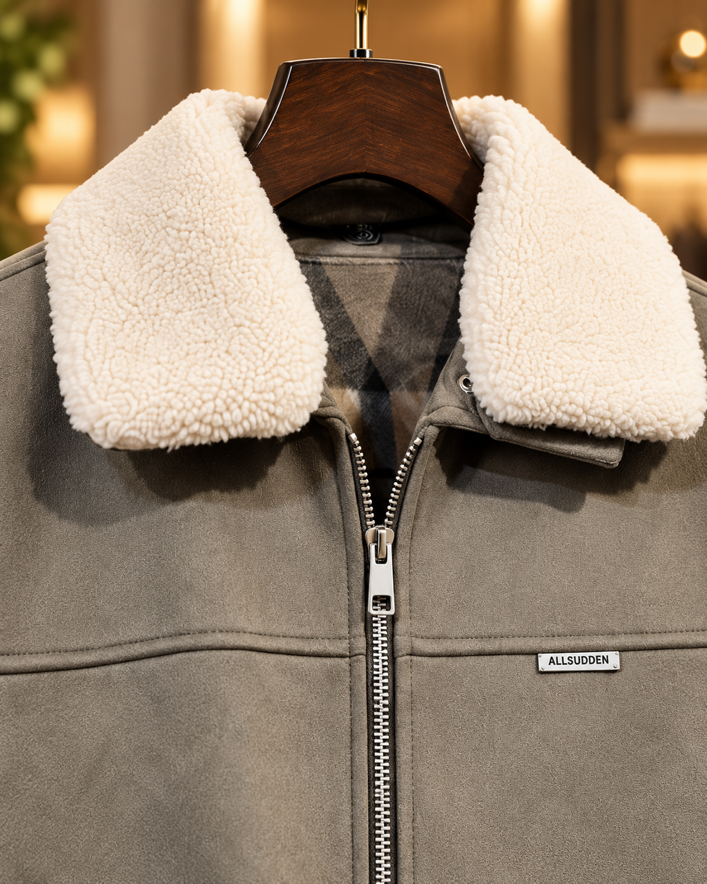 Men’s Muted Olive Green Sherpa Collar Suede-Look Jacket