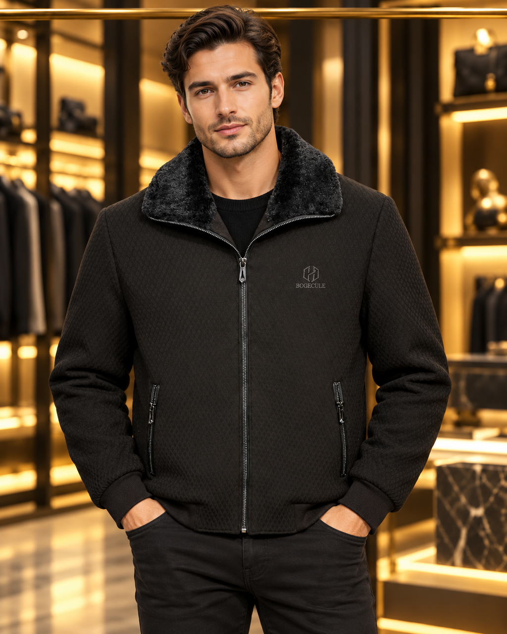 Men’s Faux-Fur Collar Full-Zip Casual Jacket