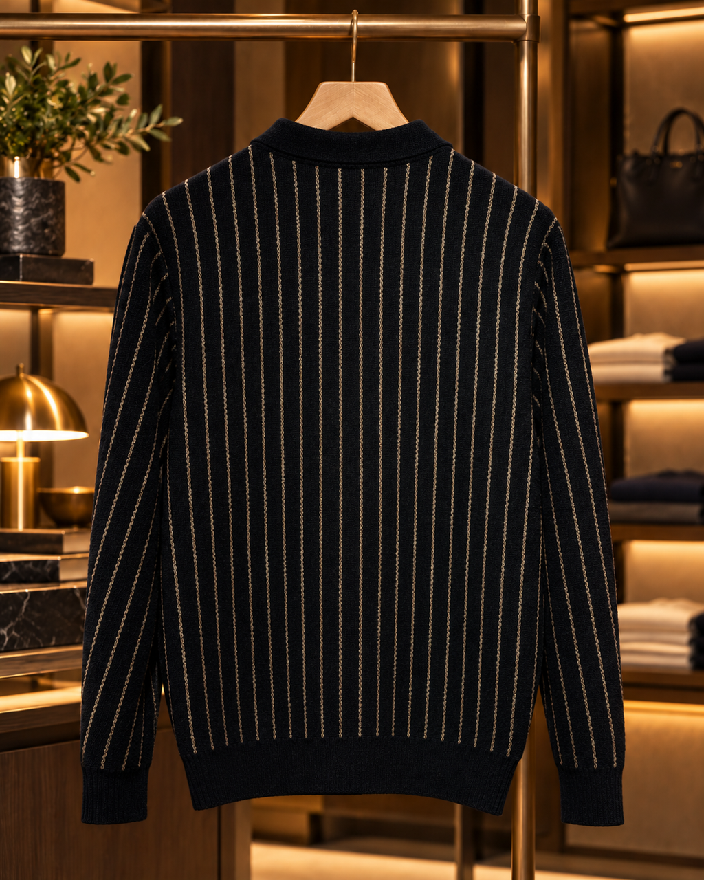 Men’s Vertical Stripe Knit Polo Sweater