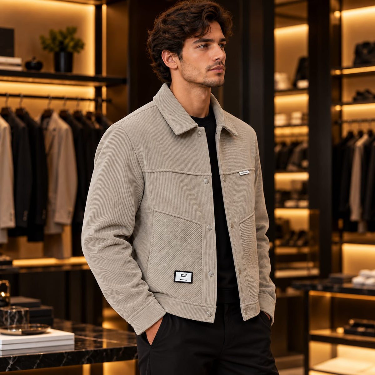 Men’s Corduroy-Style Snap Button Utility Jacket