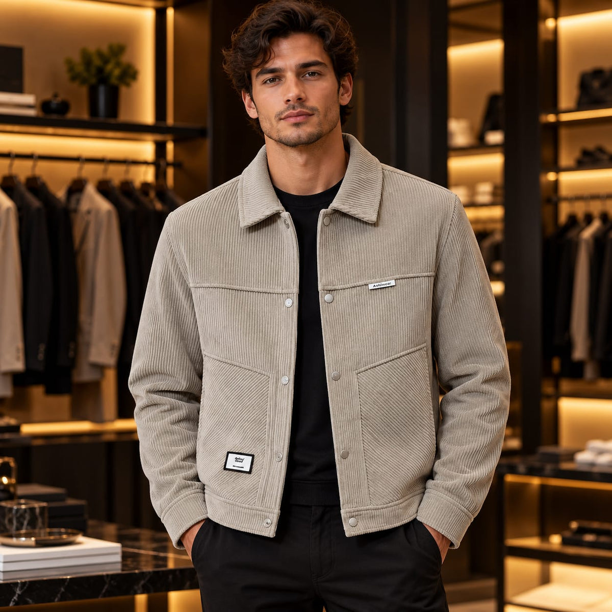 Men’s Corduroy-Style Snap Button Utility Jacket