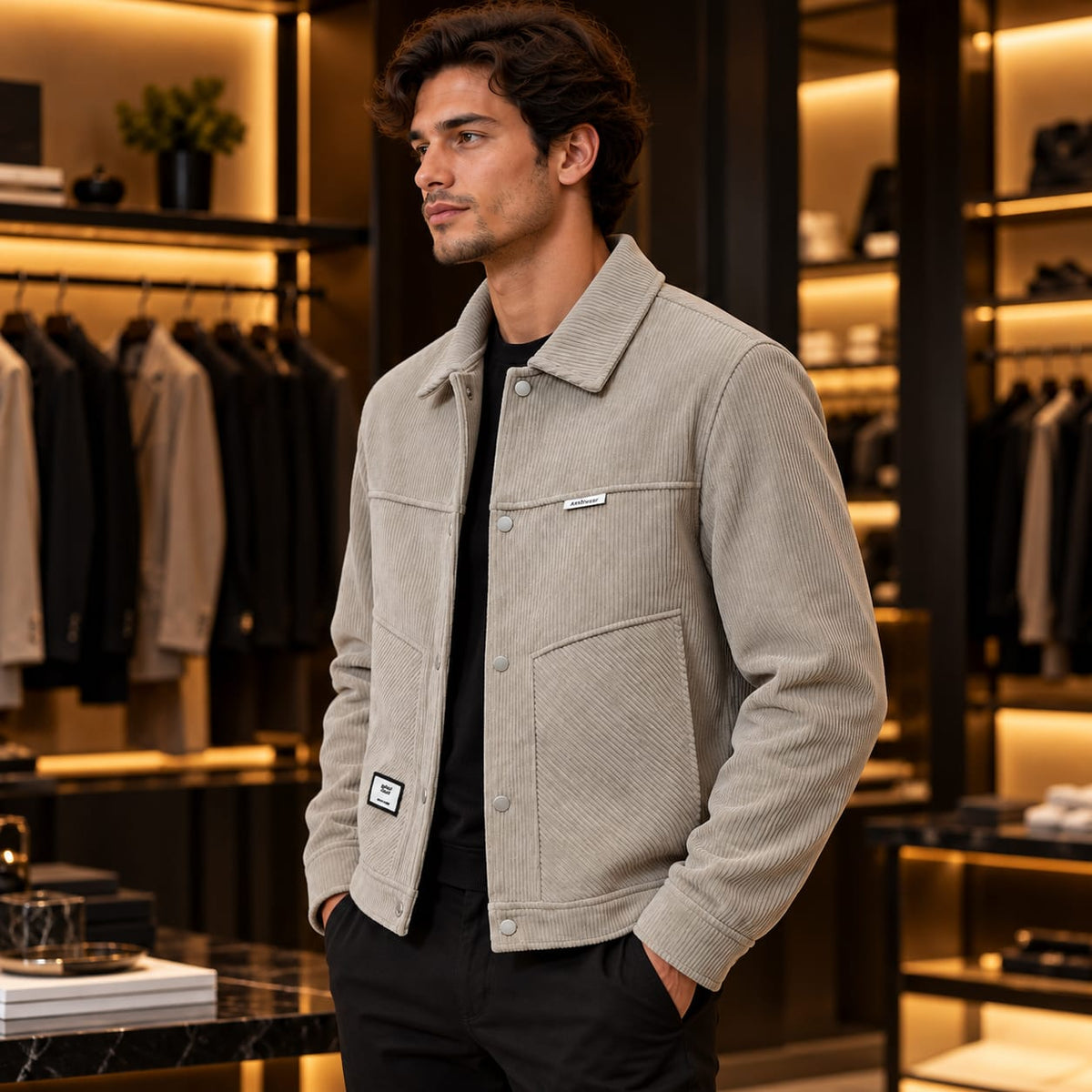 Men’s Corduroy-Style Snap Button Utility Jacket