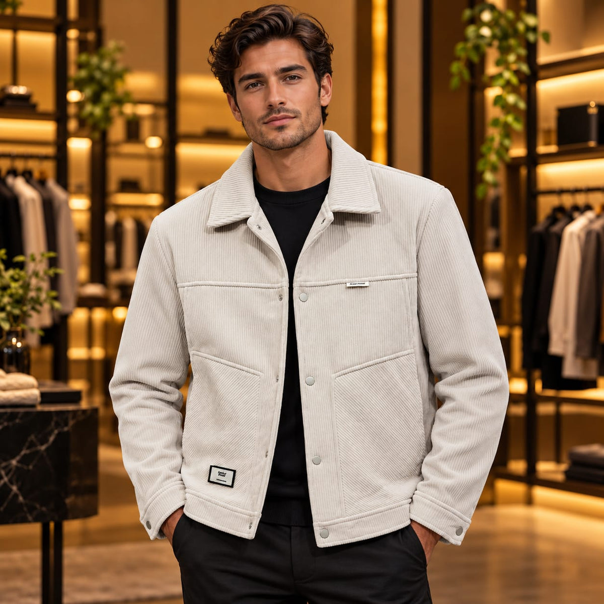 Men’s Corduroy-Style Snap Button Utility Jacket