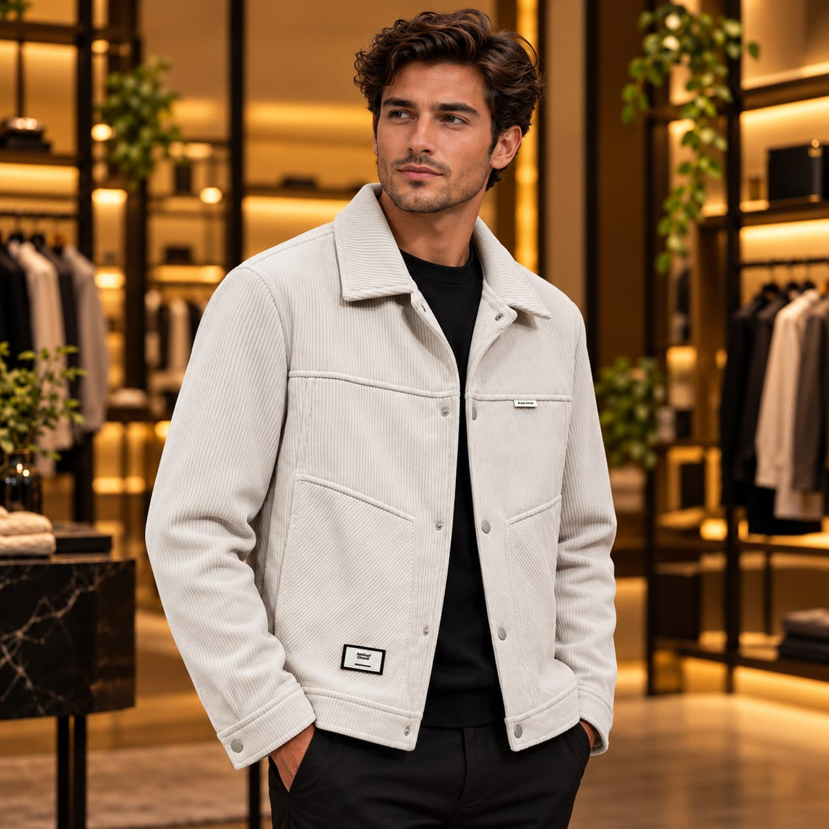 Men’s Corduroy-Style Snap Button Utility Jacket