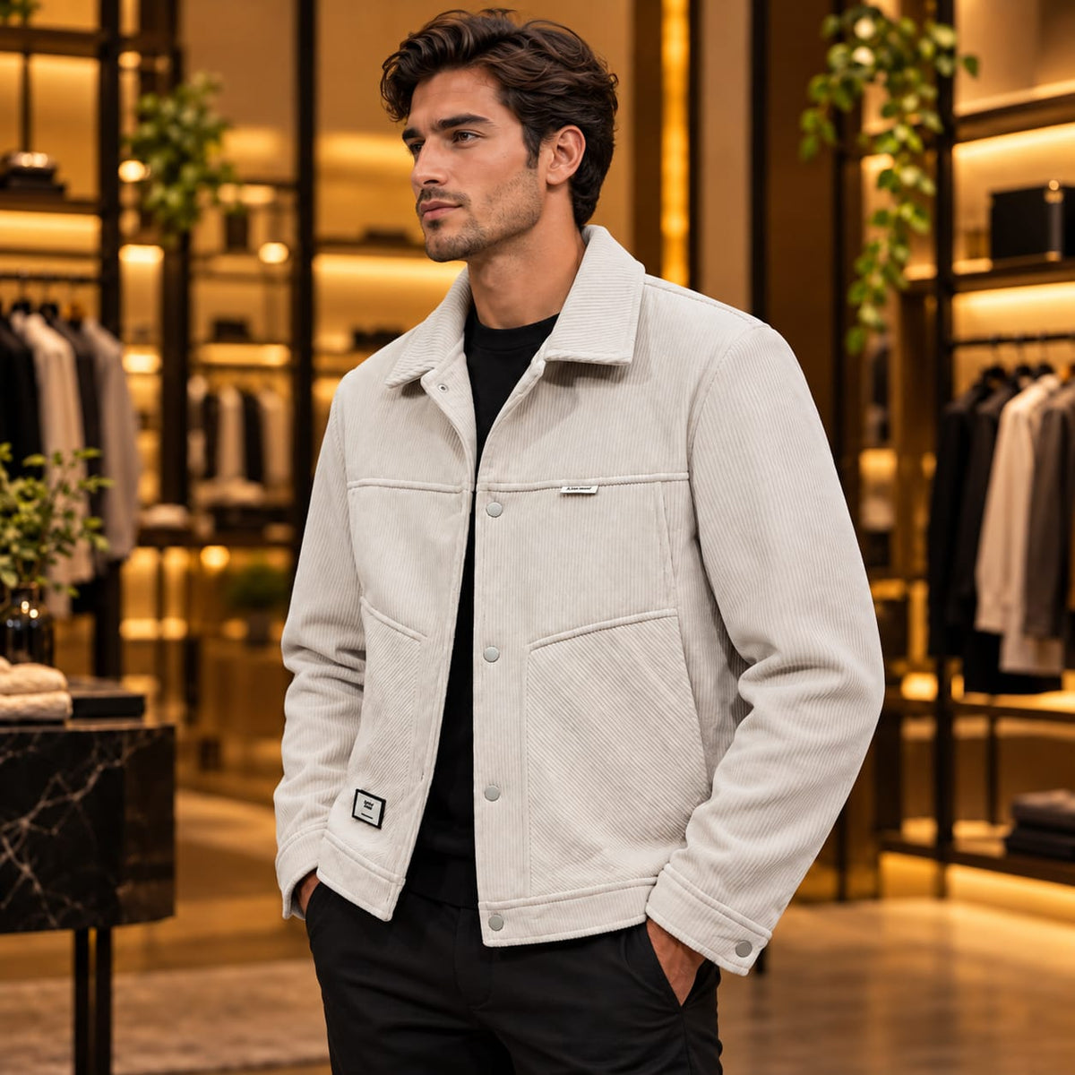 Men’s Corduroy-Style Snap Button Utility Jacket