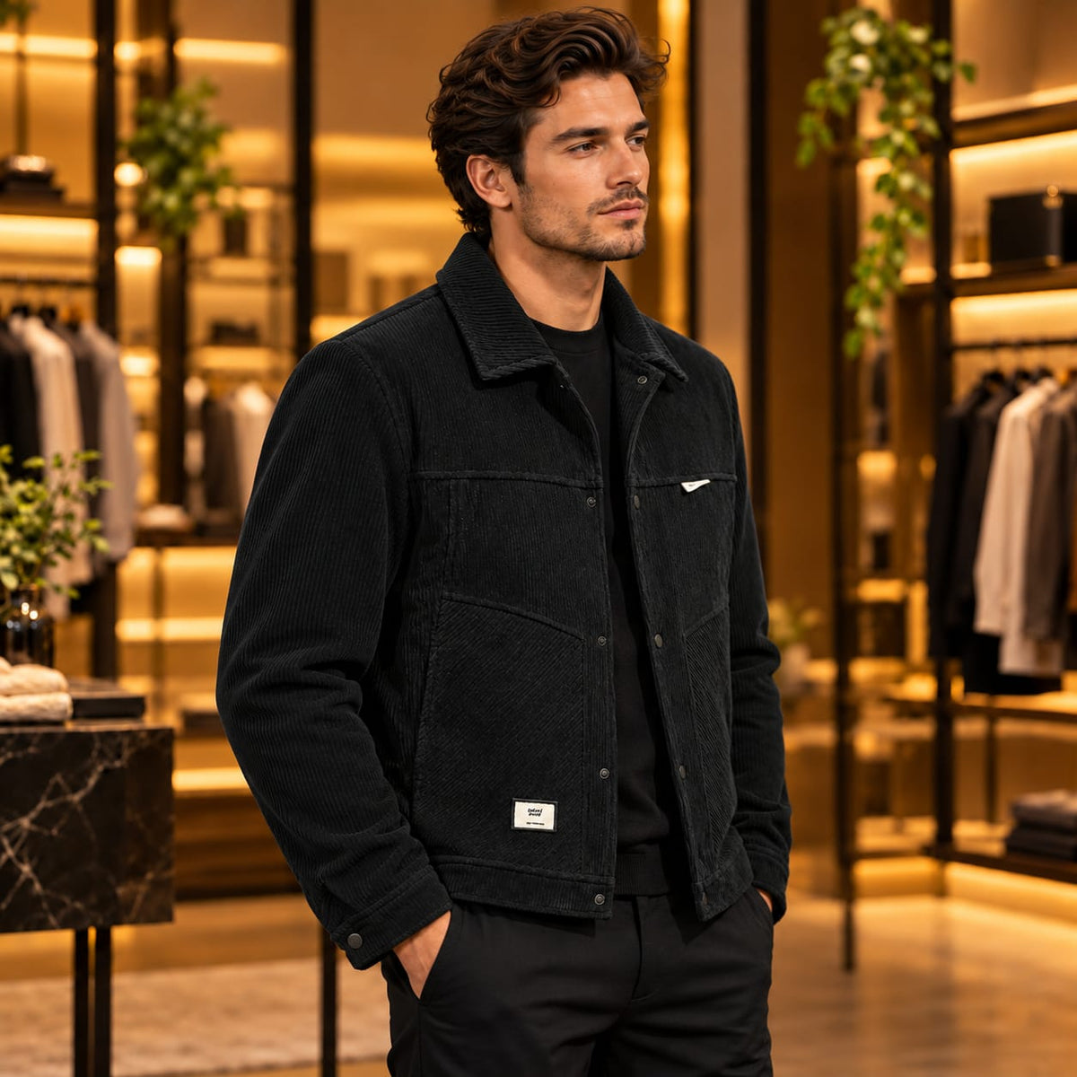 Men’s Corduroy-Style Snap Button Utility Jacket