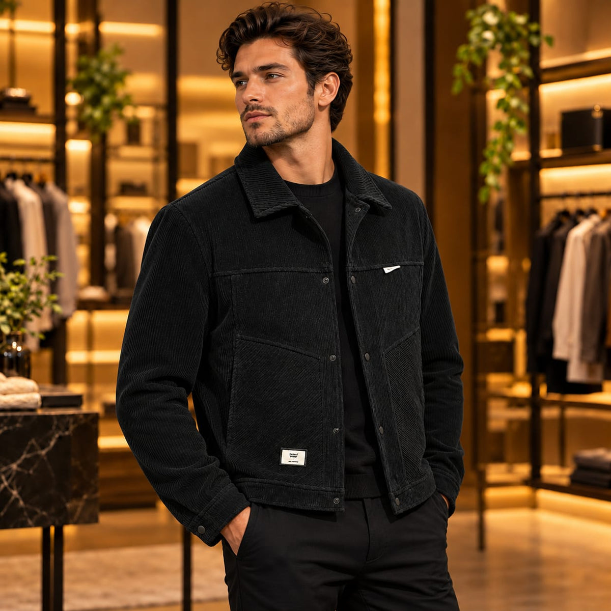 Men’s Corduroy-Style Snap Button Utility Jacket